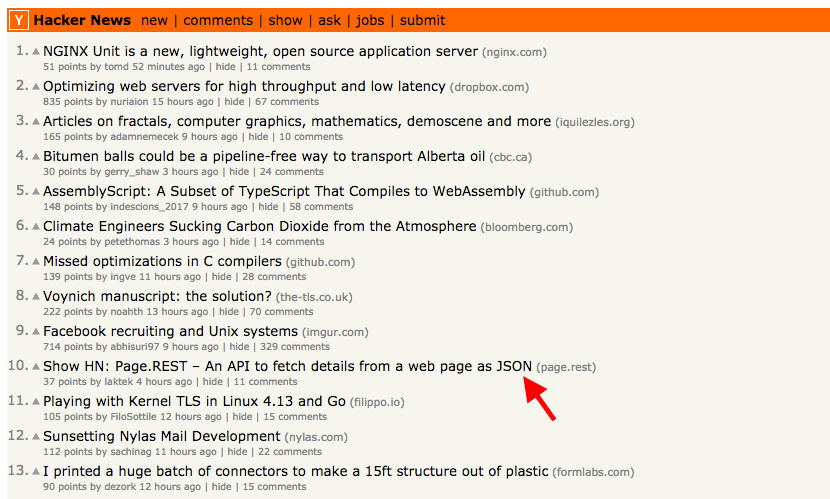Page.REST at #10 on HN