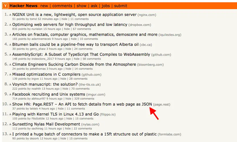 Page.REST at #10 on HN