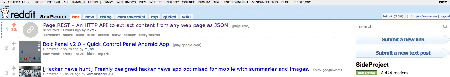 Page.REST as the top post on /r/sideproject
