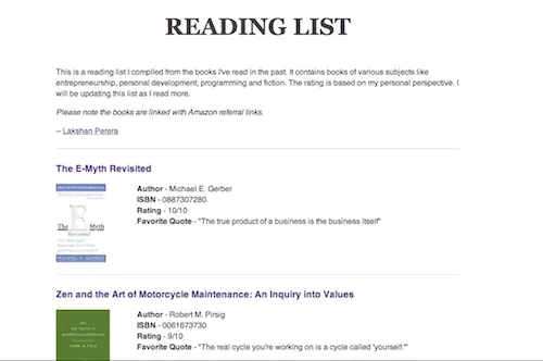 Reading List site homepage