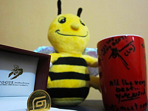 Picture of a bee figurine, mug and a golden coin - which I received as parting gifts