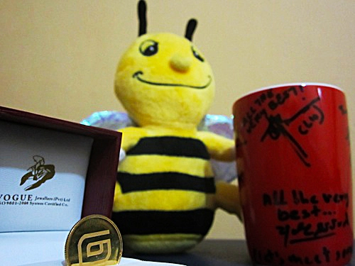 Thank you Vesess! Picture of a bee figurine, mug and a golden coin - which I received as parting gifts